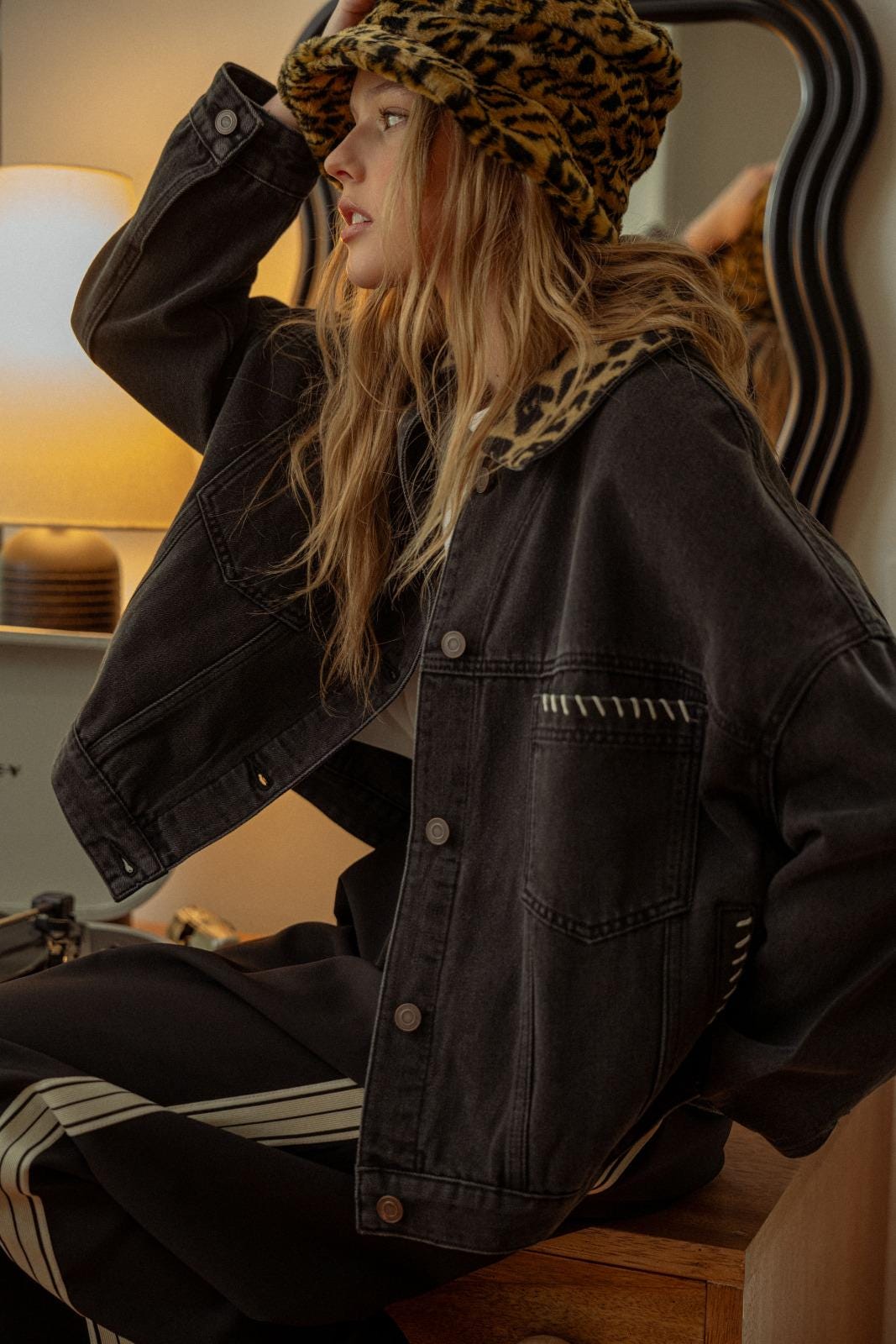 Leopard Collar Black Denim Jacket Chic Street Style